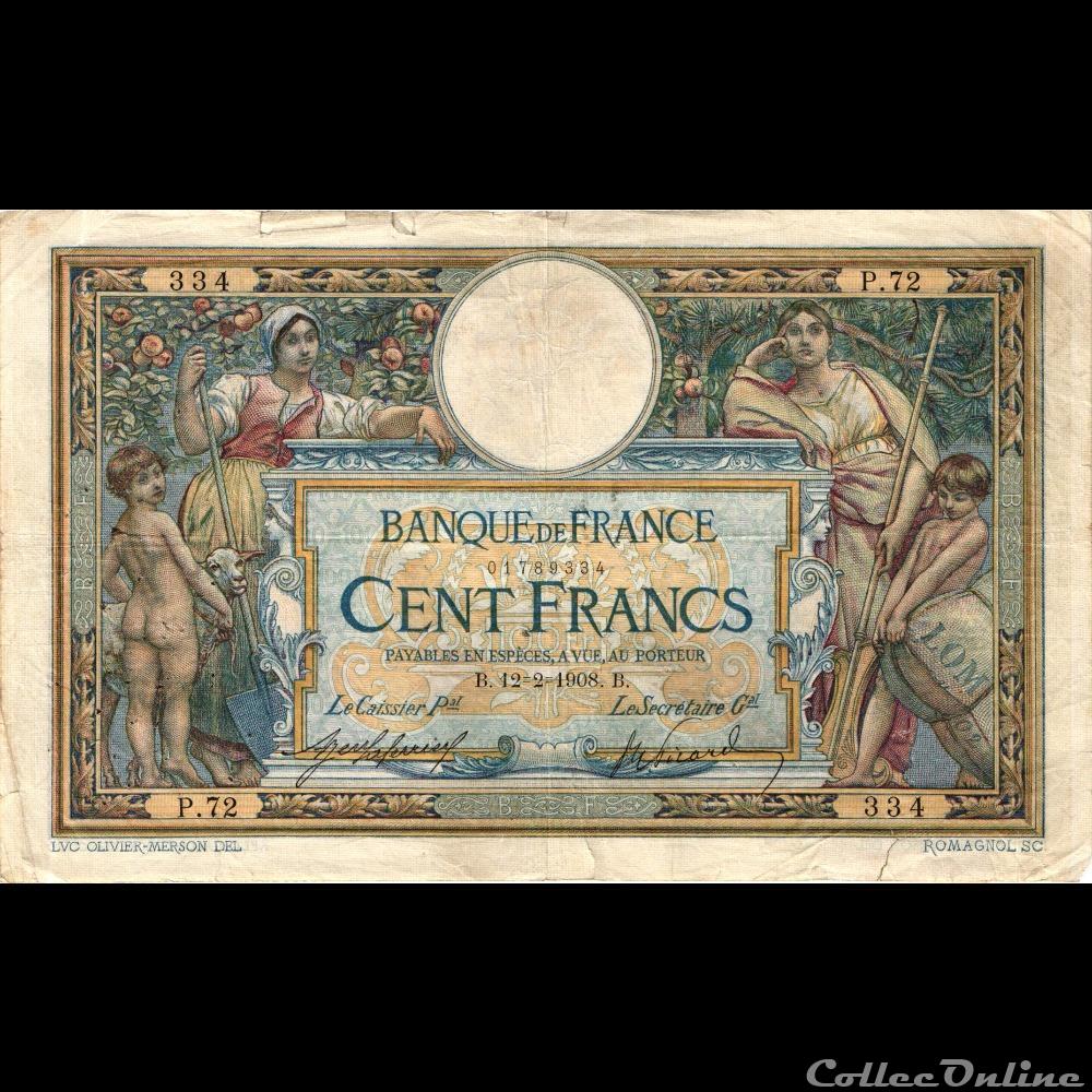 12-02-1908 -- P.72 334 billet france banque de xxe 12 02 1908 p 72 334
