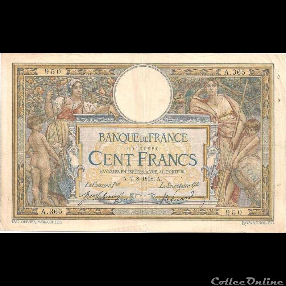 07-08-1908 -- A.365 950 billet france banque de xxe 07 08 1908 a 365 950