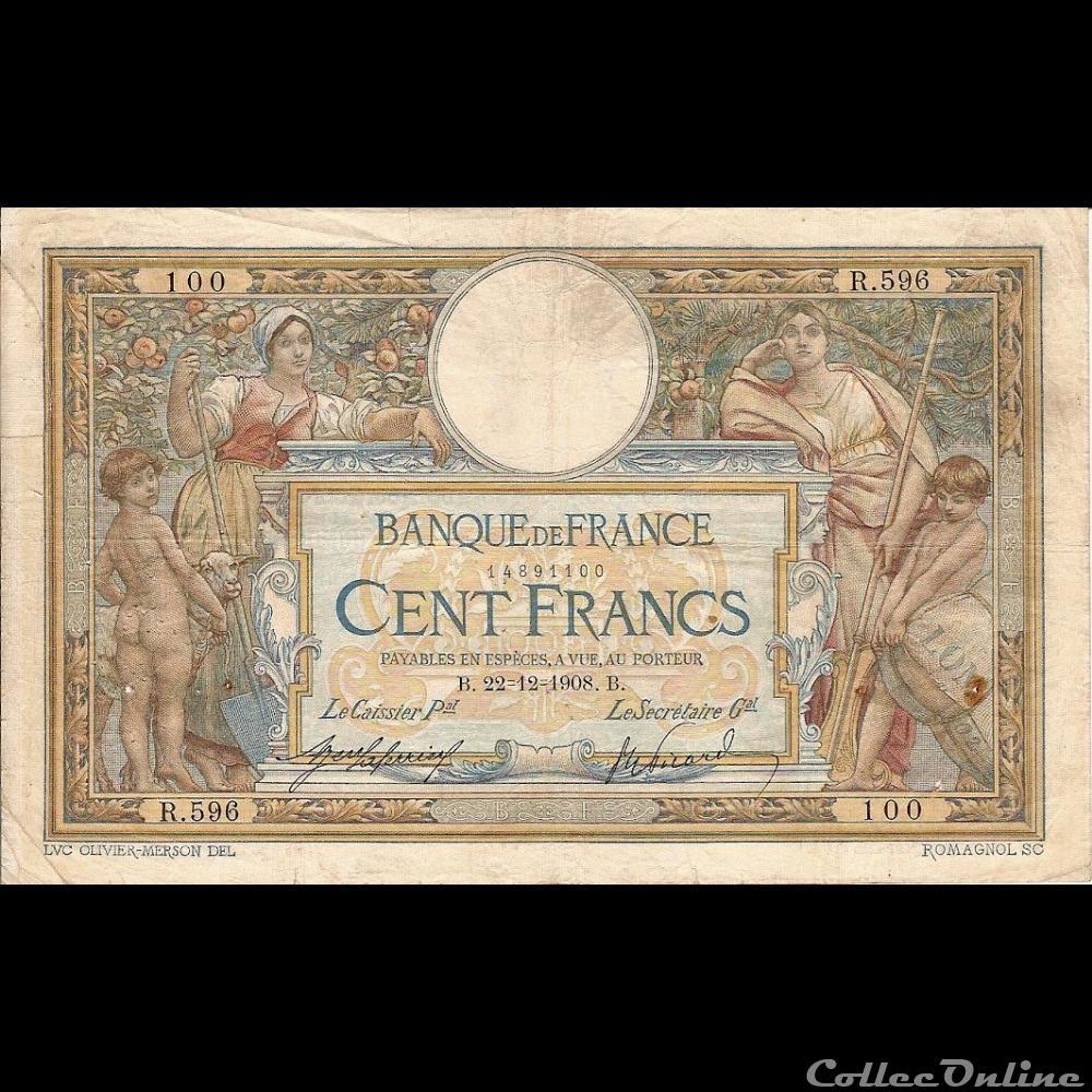 22-12-1908 -- R.596 100 billet france banque de xxe 22 12 1908 r 596 100