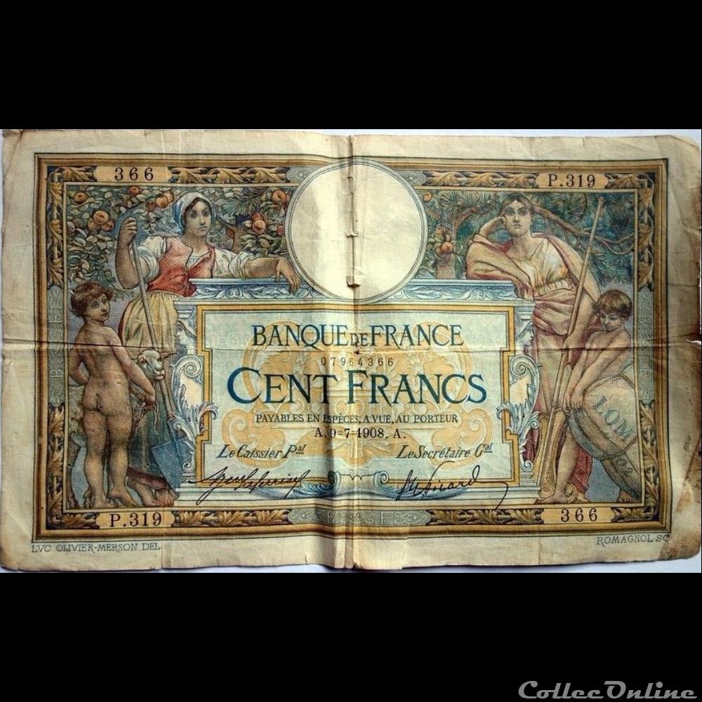 09-07-1908 -- P.319 366 billet france banque de xxe 09 07 1908 p 319 366