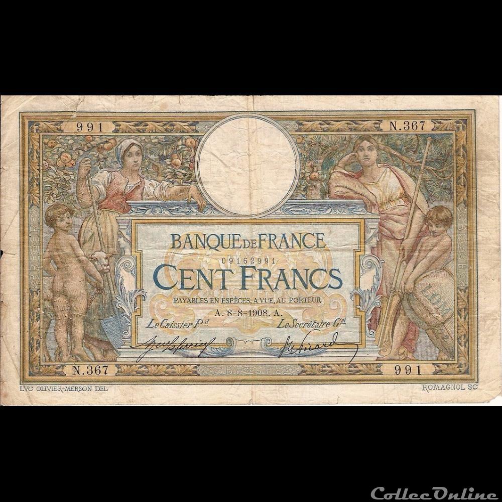 08-08-1908 -- N.367 991 billet france banque de xxe 08 08 1908 n 367 991