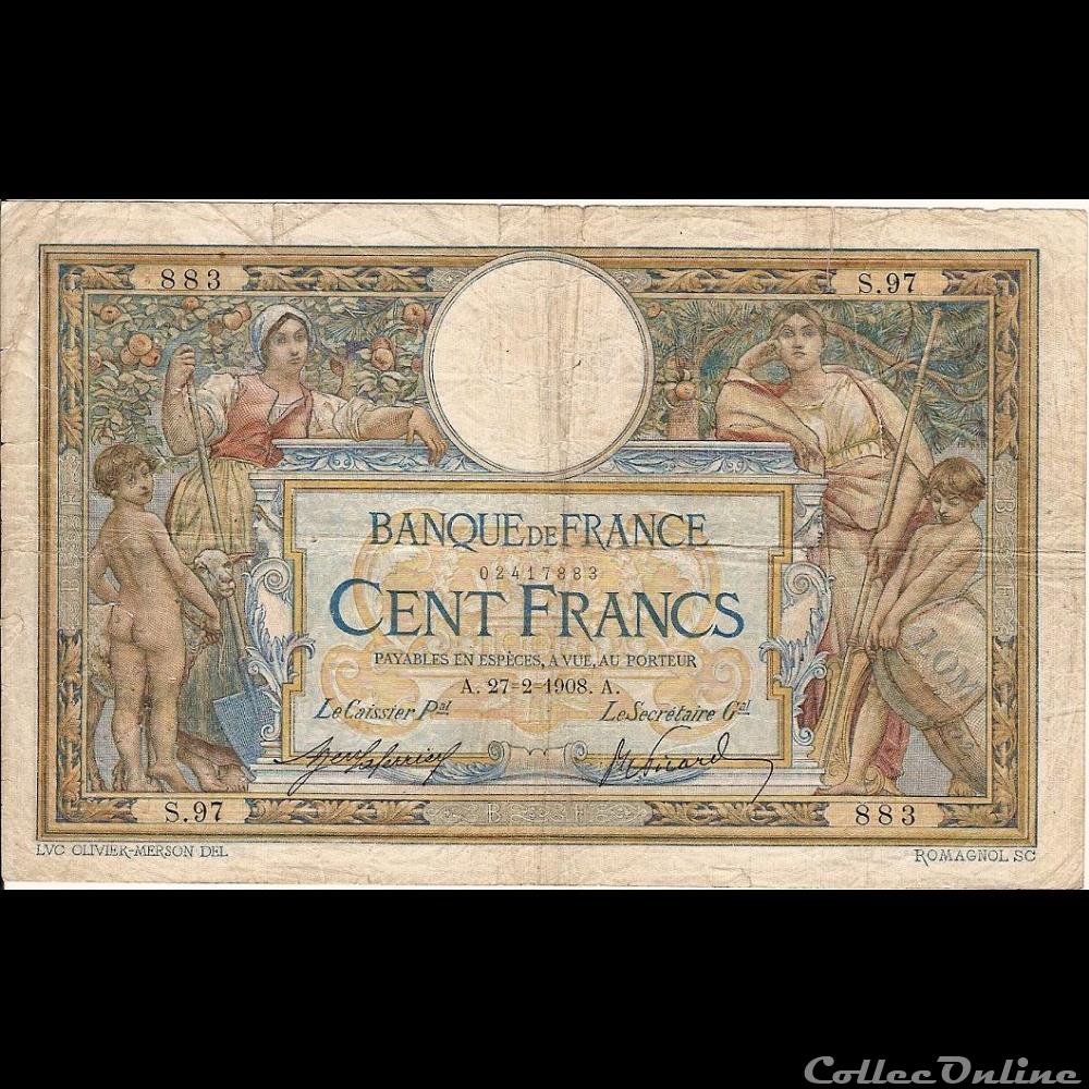 27-02-1908 -- S.97 883 billet france banque de xxe 27 02 1908 s 97 883
