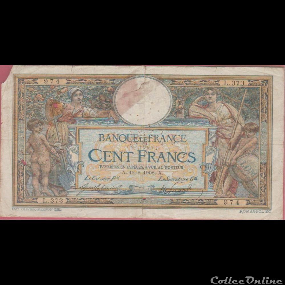 12-08-1908 -- L.373 974 billet france banque de xxe 12 08 1908 l 373 974