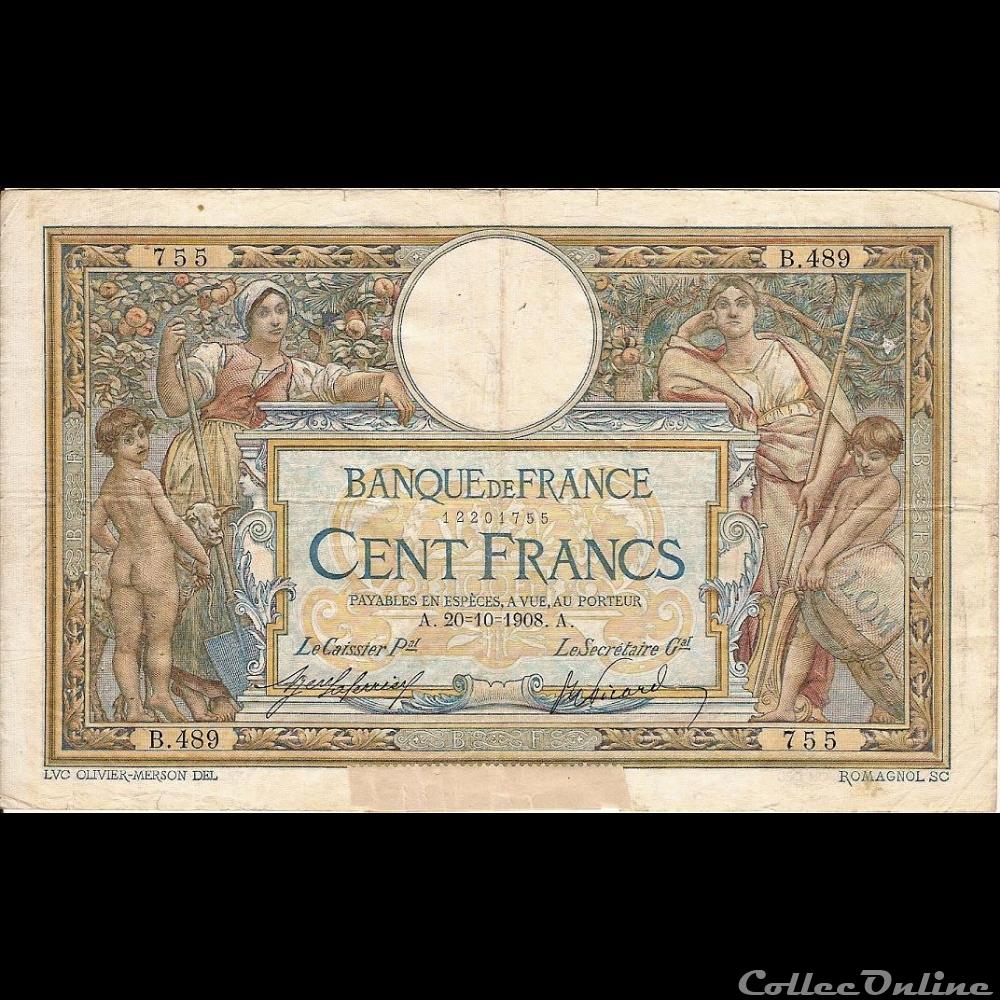 billet france banque de xxe 20 10 1908 b 489 755
