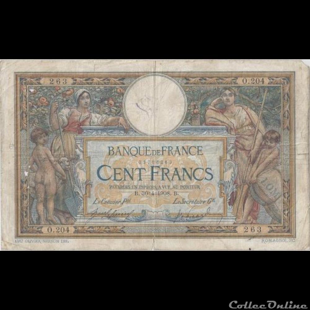 30-04-1908 -- O.204 263 billet france banque de xxe 30 04 1908 o 204 263
