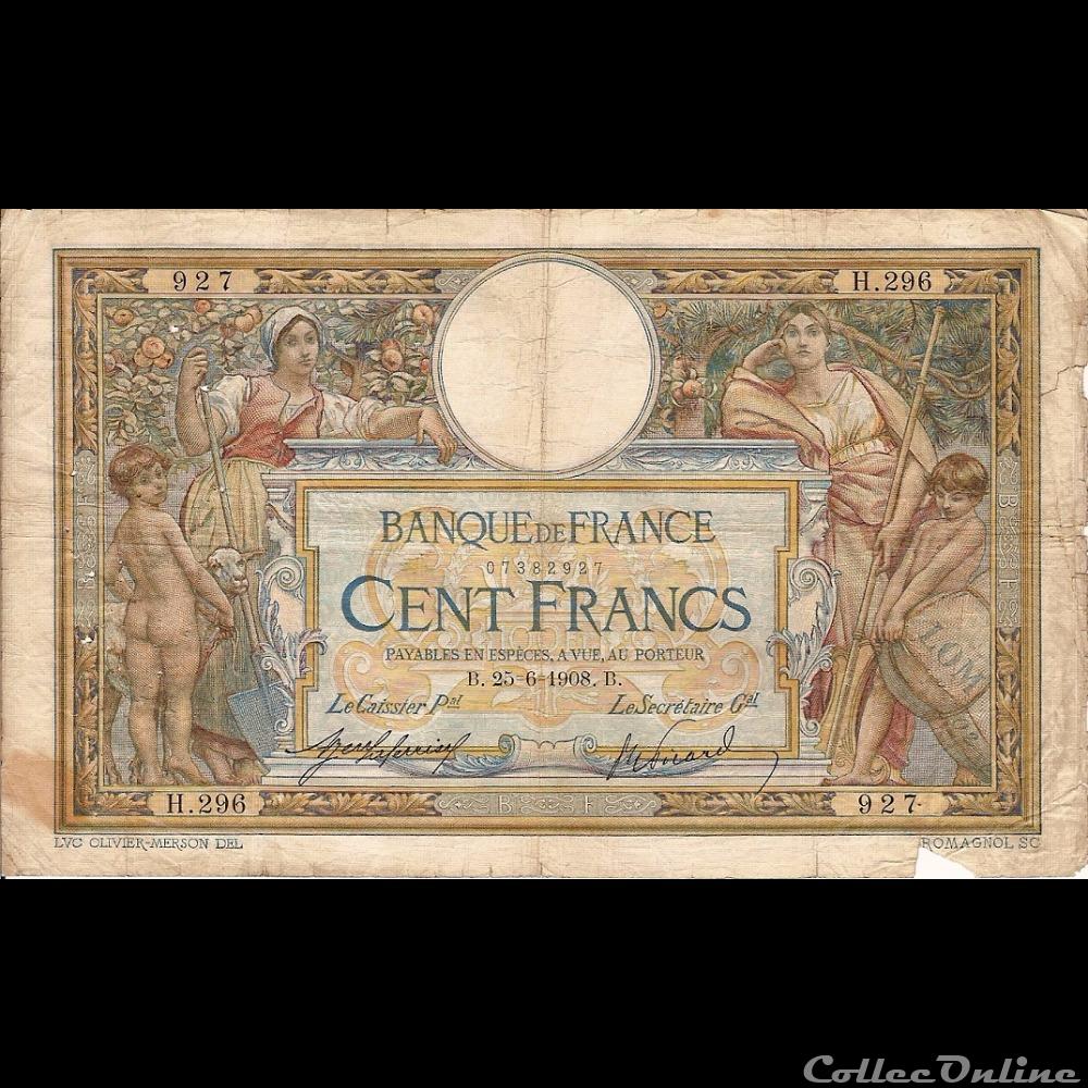 25-06-1908 -- H.296 927 billet france banque de xxe 25 06 1908 h 296 927