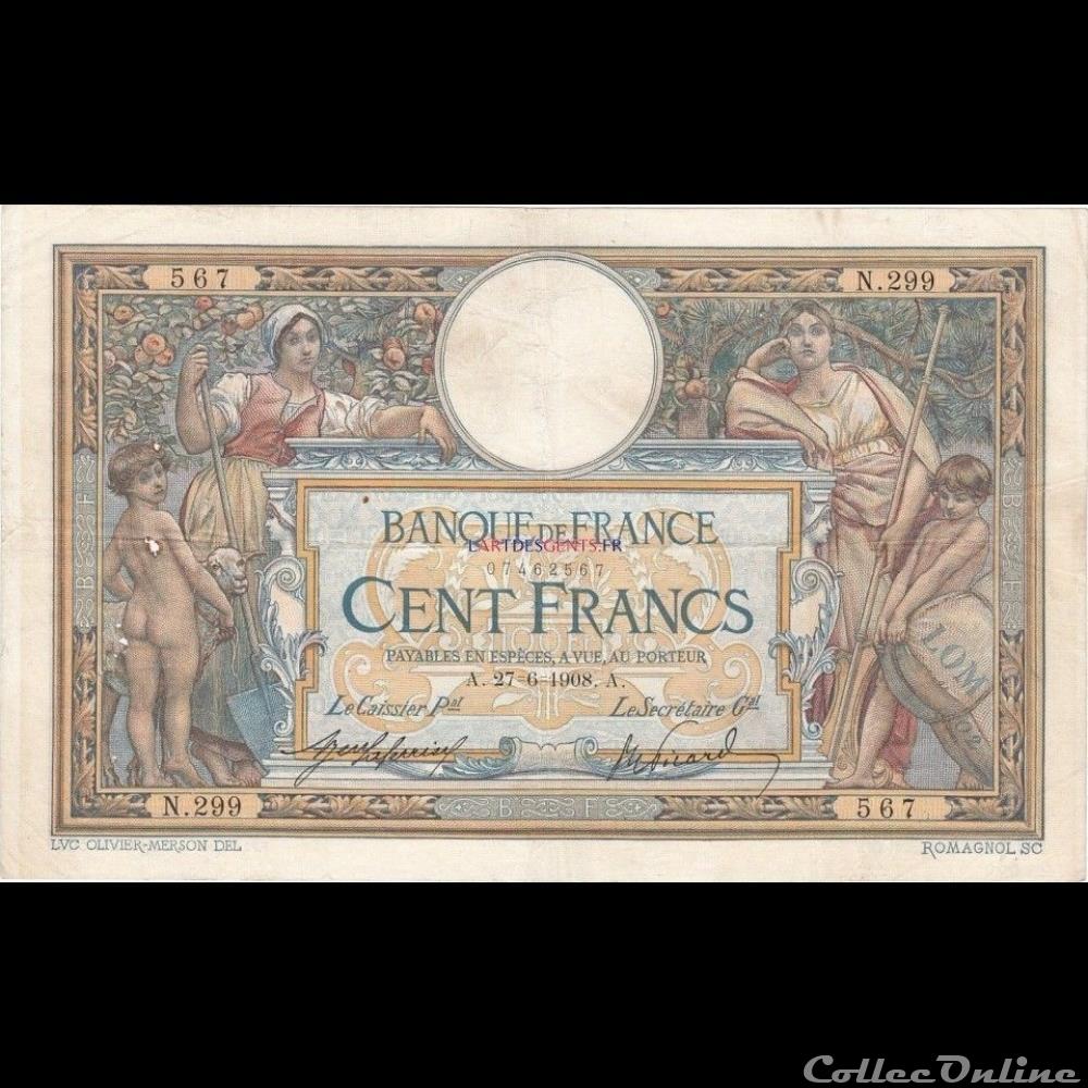 27-06-1908 -- N.299 567 billet france banque de xxe 27 06 1908 n 299 567