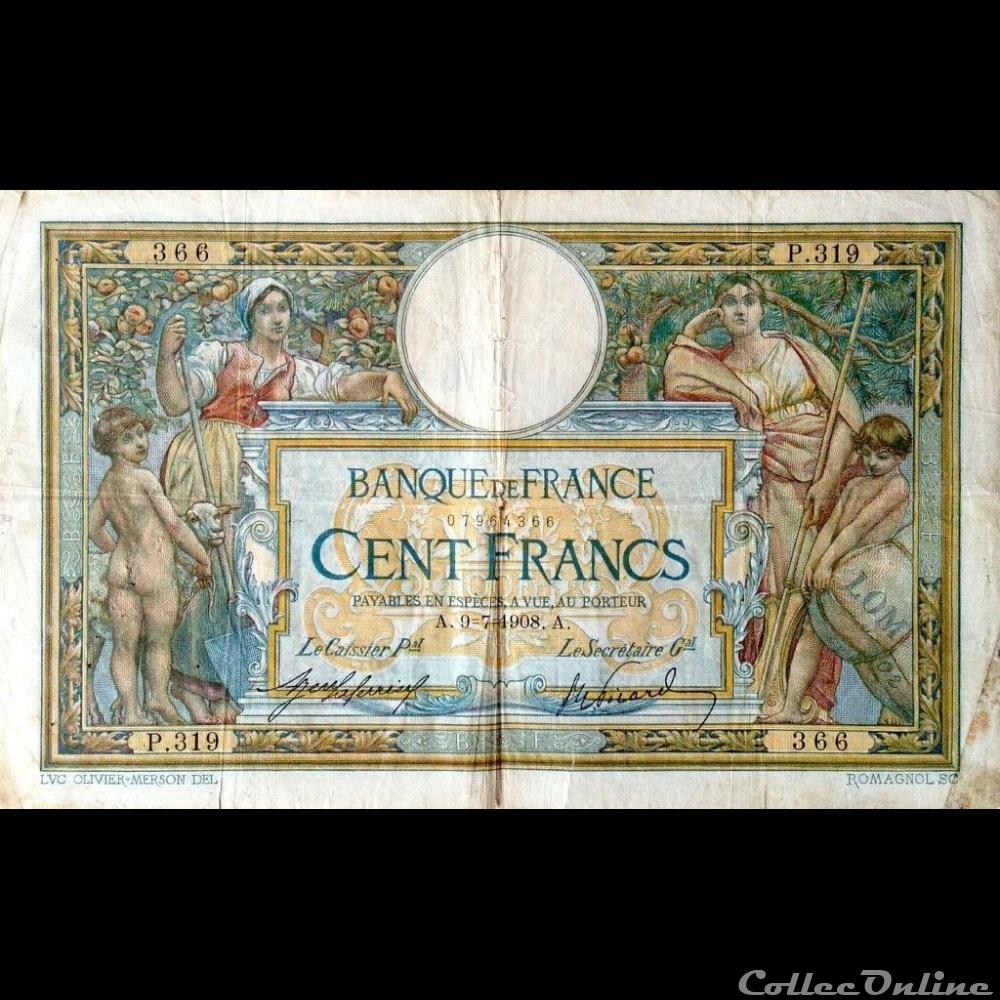 09-07-1908 -- P.319 366 billet france banque de xxe 09 07 1908 p 319 366