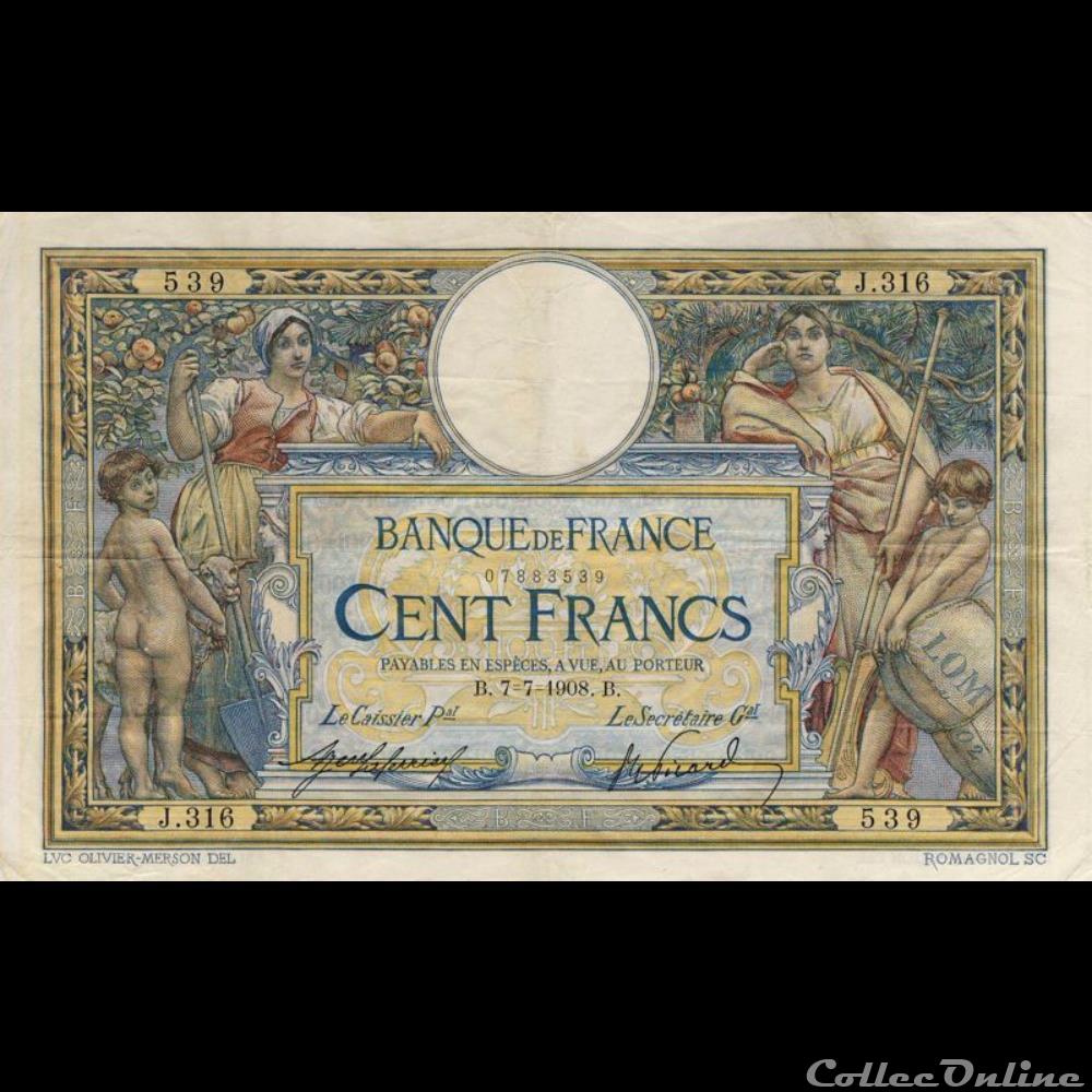07-07-1908 -- J.316 539 billet france banque de xxe 07 07 1908 j 316 539