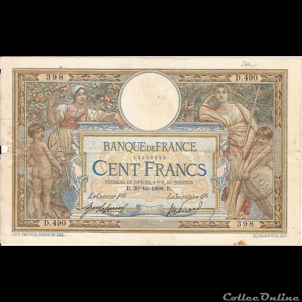 billet france banque de xxe 20 10 1908 d 490 398