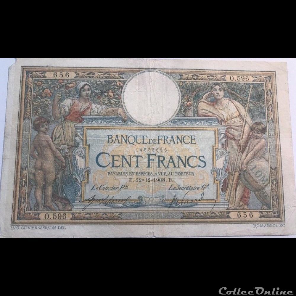 22-12-1908 -- O.596 656 billet france banque de xxe 22 12 1908 o 596 656