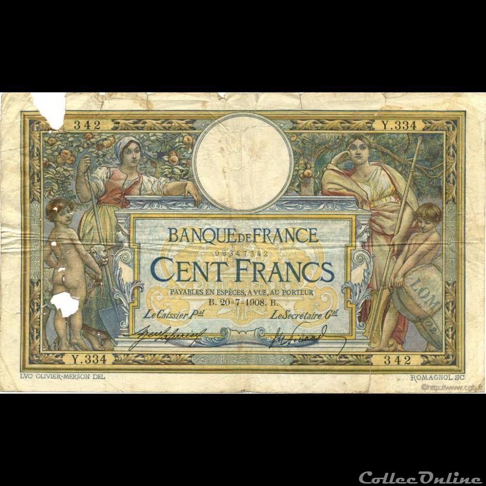 20-07-1908 -- Y.334 342 billet france banque de xxe 20 07 1908 y 334 342