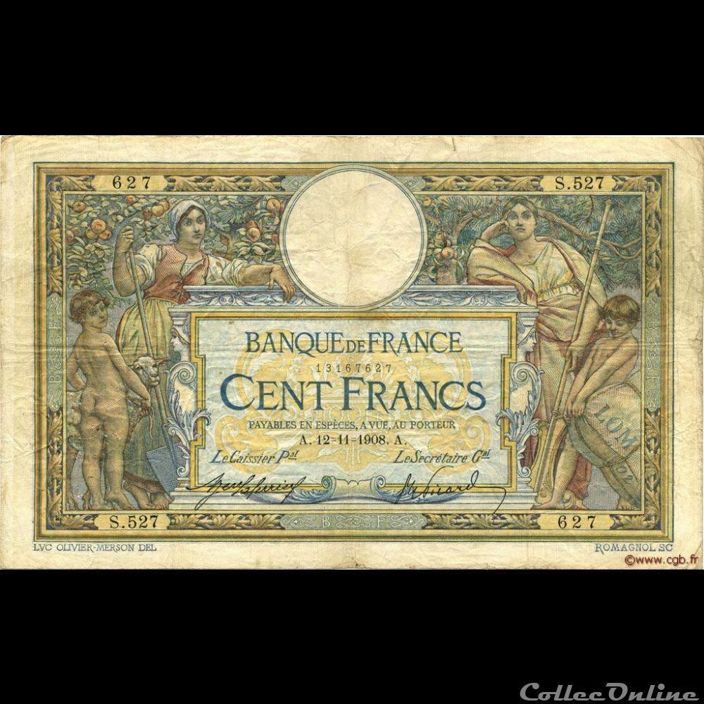 12-11-1908 -- S.527 627 billet france banque de xxe 12 11 1908 s 527 627