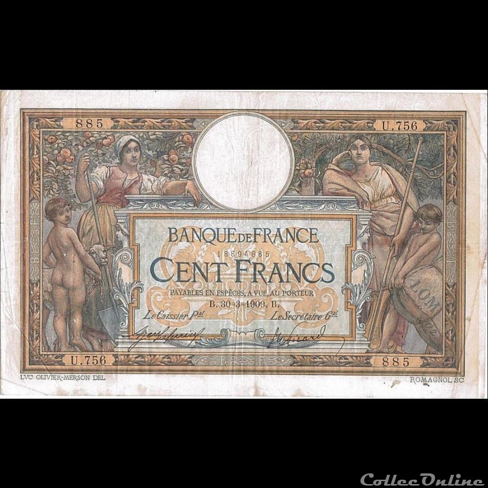 30-03-1909 -- U.756 885 billet france banque de xxe 30 03 1909 u 756 885