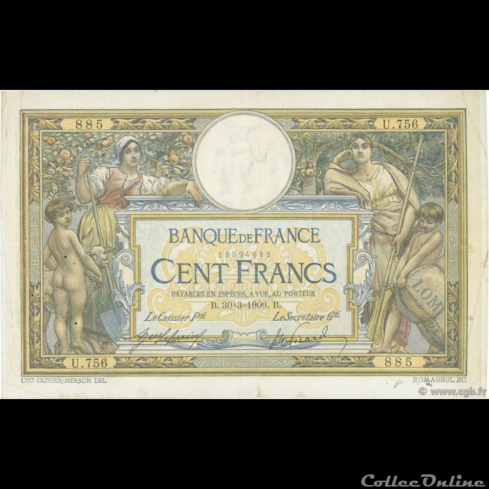 30-03-1909 -- U.756 885 billet france banque de xxe 30 03 1909 u 756 885