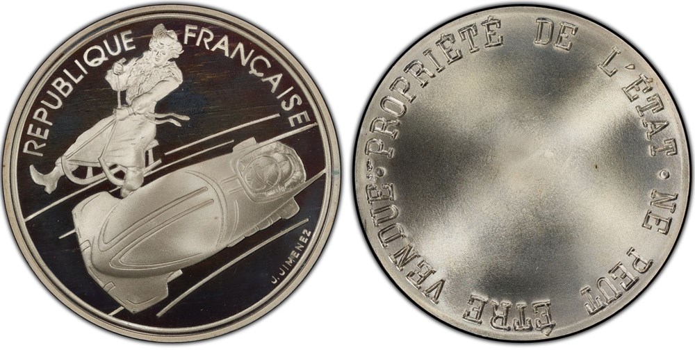 100 Francs JO1992 - Bobsleigh (PCGS SP69) monnaies monde france 100 francs jo1992 bobsleigh pcgs sp69