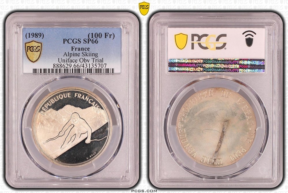 100 Francs JO1992 - Ski Alpin (PCGS SP66) monnaies monde france 100 francs jo1992 ski alpin pcgs sp66