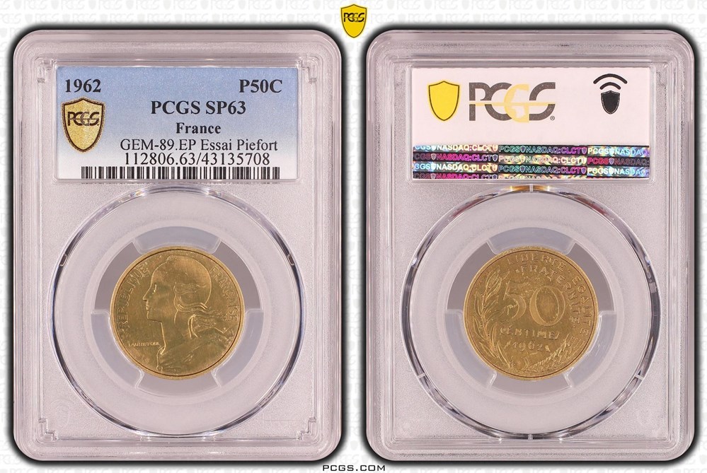 50 centimes Marianne 1962 Essai Piéfort (PCGS SP63) monnaies monde france 50 centimes marianne 1962 essai piefort pcgs sp63