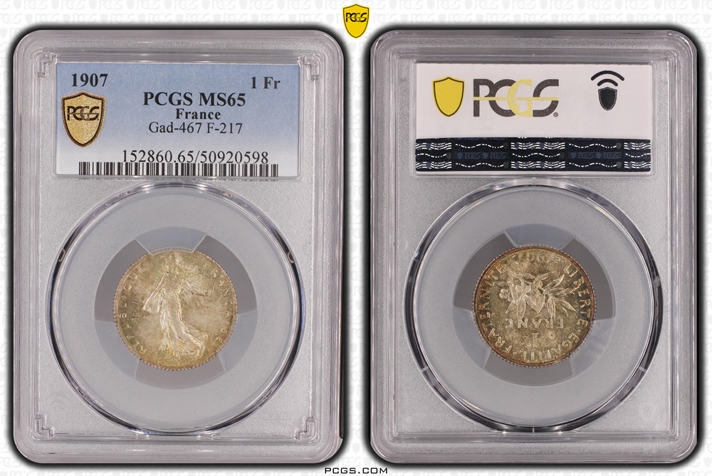 1 franc Semeuse 1907 (PCGS MS65) monnaies monde france 1 franc semeuse 1907 pcgs ms65