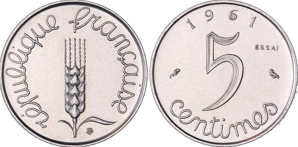 5 centimes épi 1961 Essai (GENI SP65) monnaies monde france 5 centimes epi 1961 essai geni sp65
