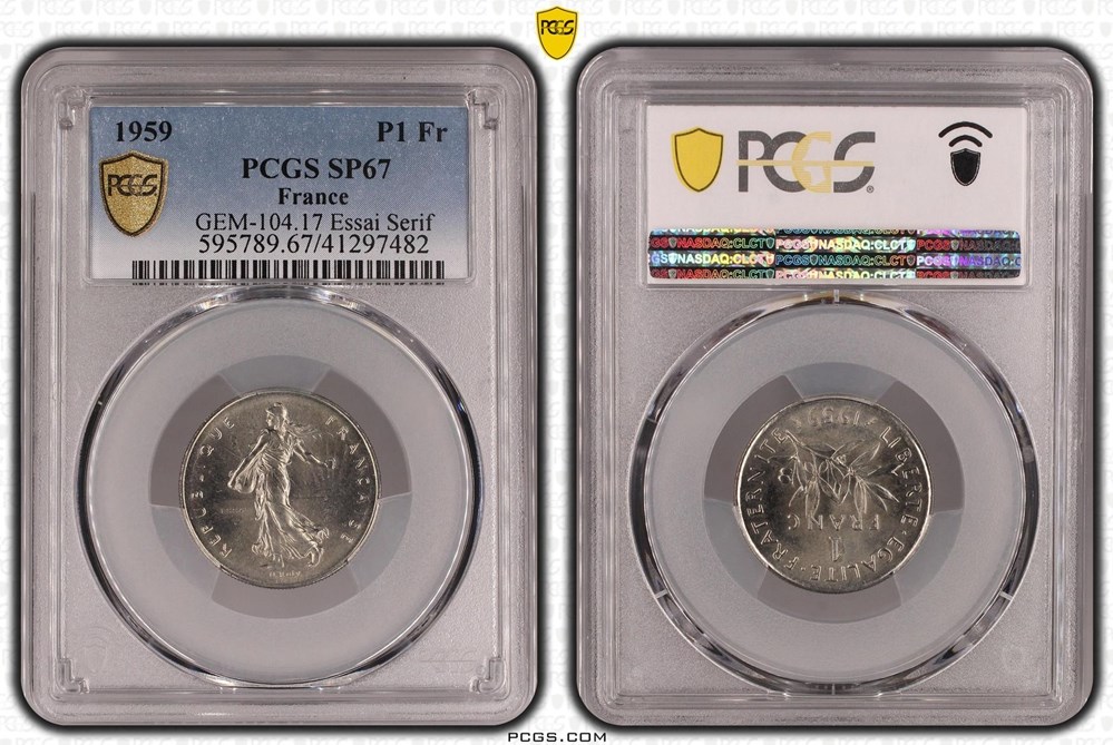 1 franc Semeuse 1959 essai "haut relief" (PCGS SP67) monnaies monde france 1 franc semeuse 1959 essai haut relief pcgs sp67