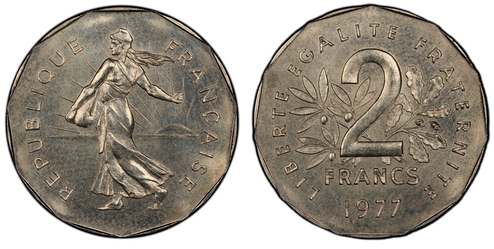 monnaies monde france 2 francs 1977 semeuse preserie flan rond listel a 11 pans pcgs sp66