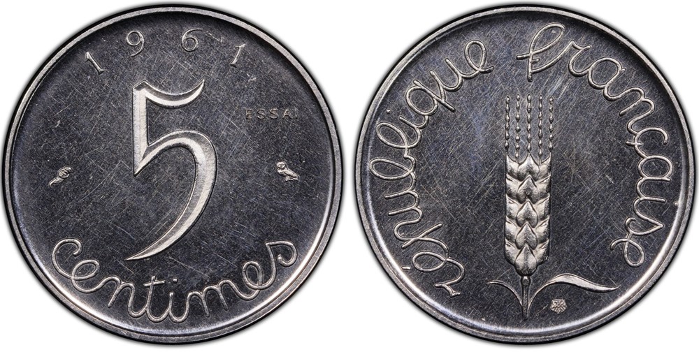 5 centimes épi 1961 Essai (PCGS SP65) monnaies monde france 5 centimes epi 1961 essai pcgs sp65