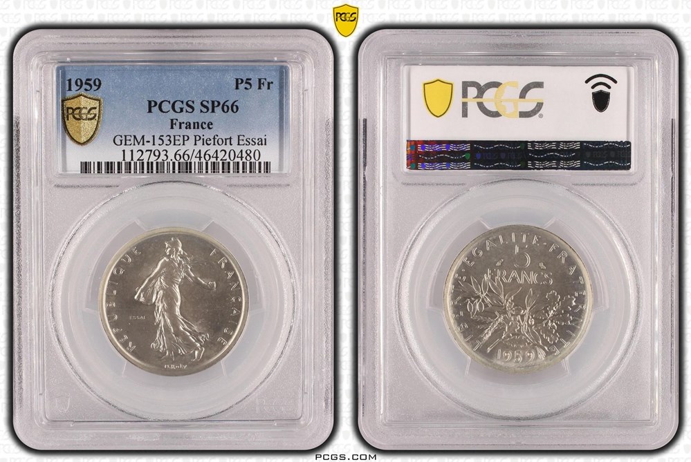 5 Francs 1959 Semeuse Essai-Piéfort (PCGS SP66) monnaies monde france 5 francs 1959 semeuse essai piefort pcgs sp66