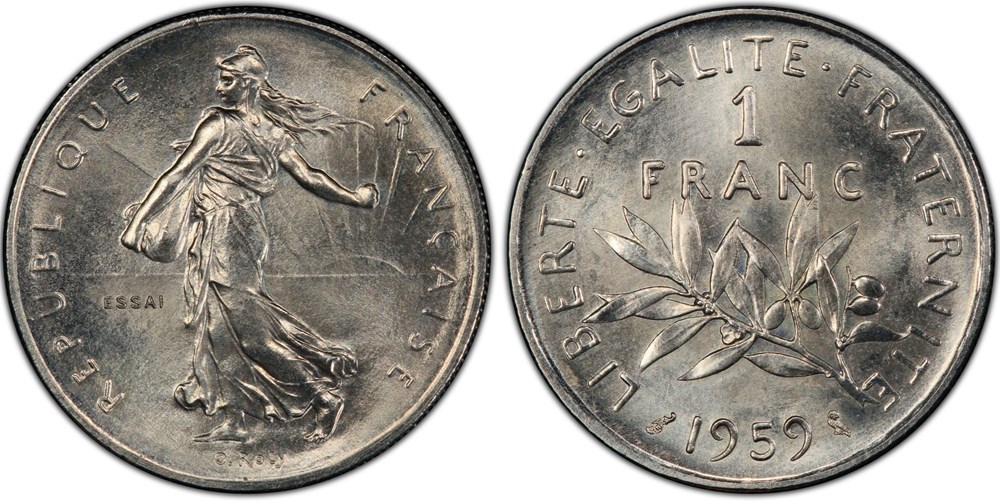 1 franc Semeuse 1959 essai "haut relief" (PCGS SP67) monnaies monde france 1 franc semeuse 1959 essai haut relief pcgs sp67