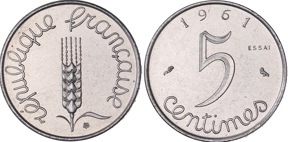5 centimes épi 1961 Essai-Piéfort (GENI SP65) monnaies monde france 5 centimes epi 1961 essai piefort geni sp65