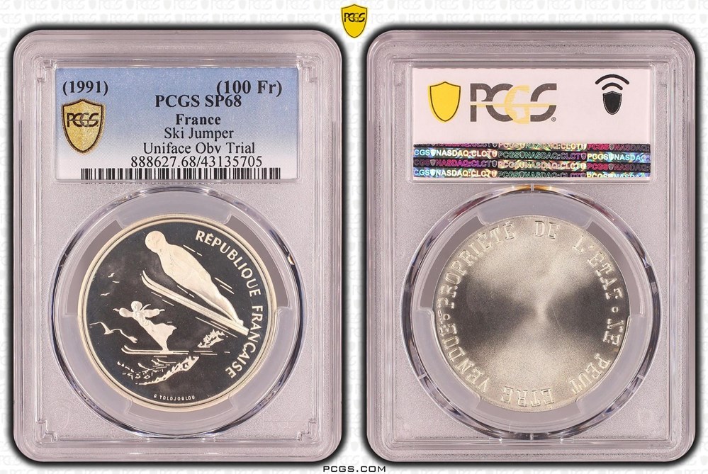 100 Francs JO1992 - Saut à ski (PCGS SP68) monnaies monde france 100 francs jo1992 saut a ski pcgs sp68