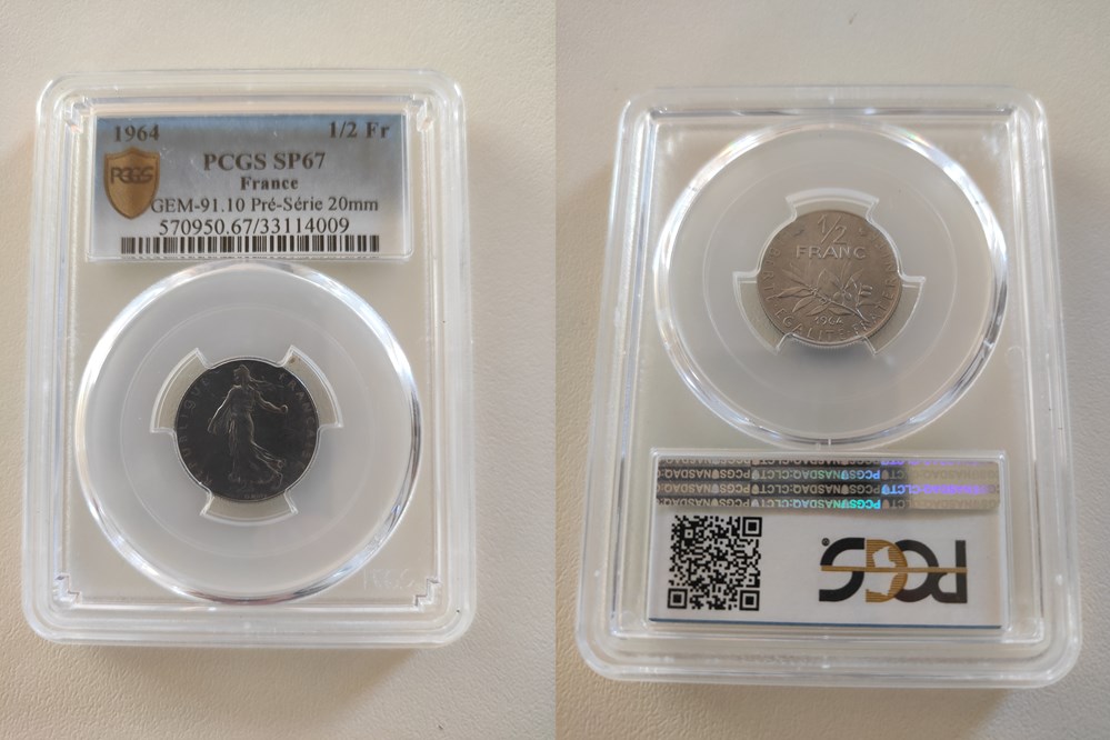 50 centimes 1964 Moyen Module Tranche Striée Avec Différents (PCGS SP67) monnaies monde france 50 centimes 1964 moyen module tranche striee avec differents pcgs sp67