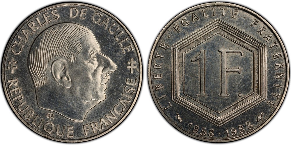 1 Franc Charles De Gaulle 1988 FM (PCGS MS66) monnaies monde france 1 franc charles de gaulle 1988 fm pcgs ms66
