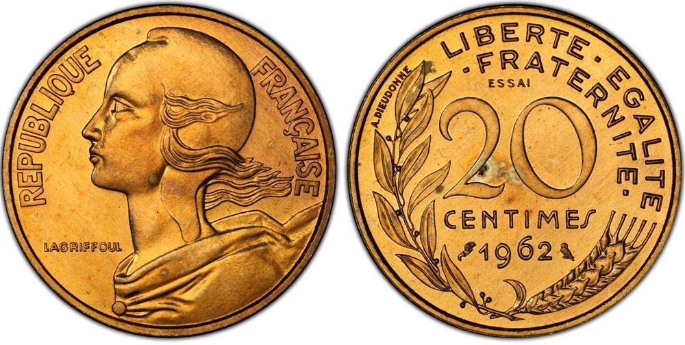 monnaies monde france 20 centimes marianne 1962 essai piefort pcgs sp63