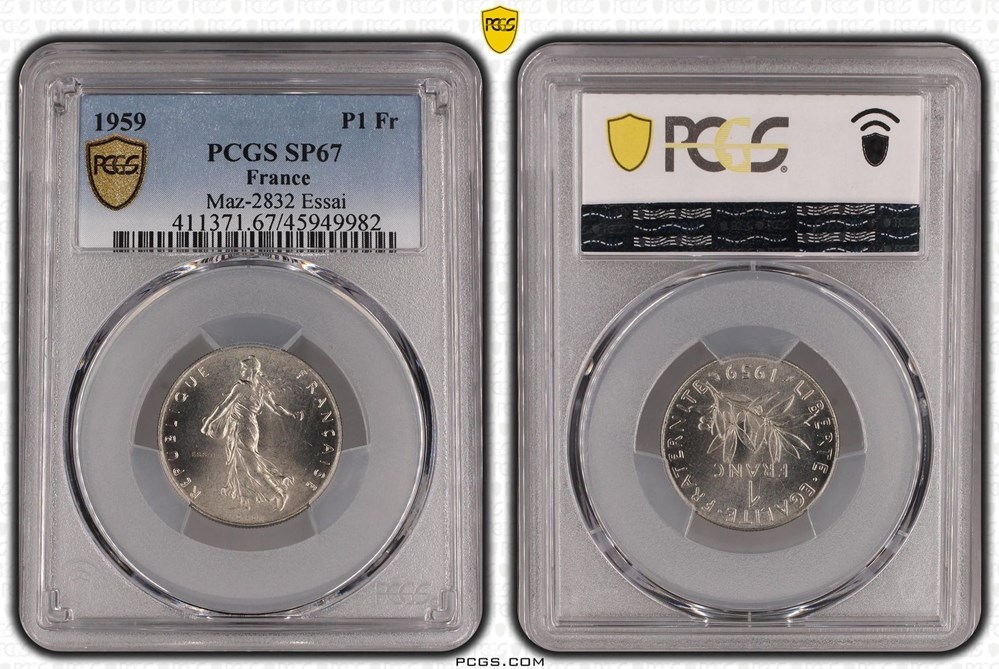 1 franc Semeuse 1959 essai (PCGS SP67) monnaies monde france 1 franc semeuse 1959 essai pcgs sp67