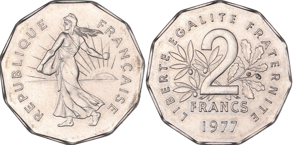 monnaies monde france 2 francs 1977 semeuse preserie tranche et listel a 11 pans geni sp65