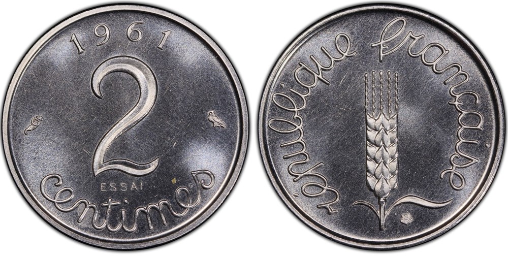 2 centimes épi 1961 Essai (PCGS SP68) monnaies monde france 2 centimes epi 1961 essai pcgs sp68