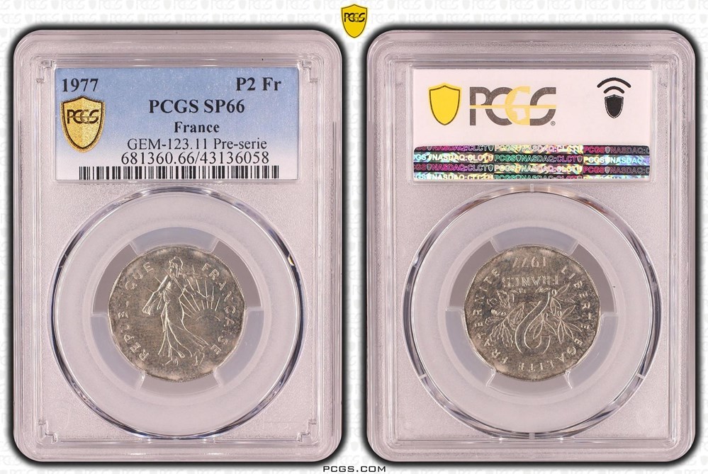 monnaies monde france 2 francs 1977 semeuse preserie flan rond listel a 11 pans pcgs sp66