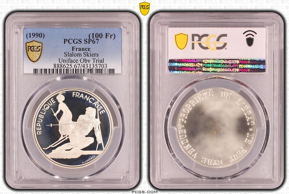 100 Francs JO1992 - Slalom moderne (PCGS SP67) monnaies monde france 100 francs jo1992 slalom moderne pcgs sp67