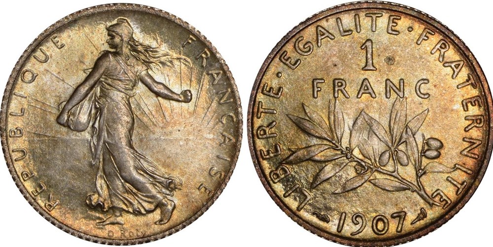 1 franc Semeuse 1907 (PCGS MS65) monnaies monde france 1 franc semeuse 1907 pcgs ms65