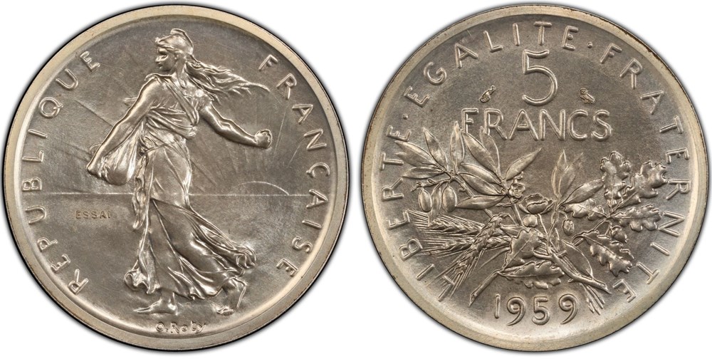 5 Francs 1959 Semeuse Essai-Piéfort (PCGS SP66) monnaies monde france 5 francs 1959 semeuse essai piefort pcgs sp66