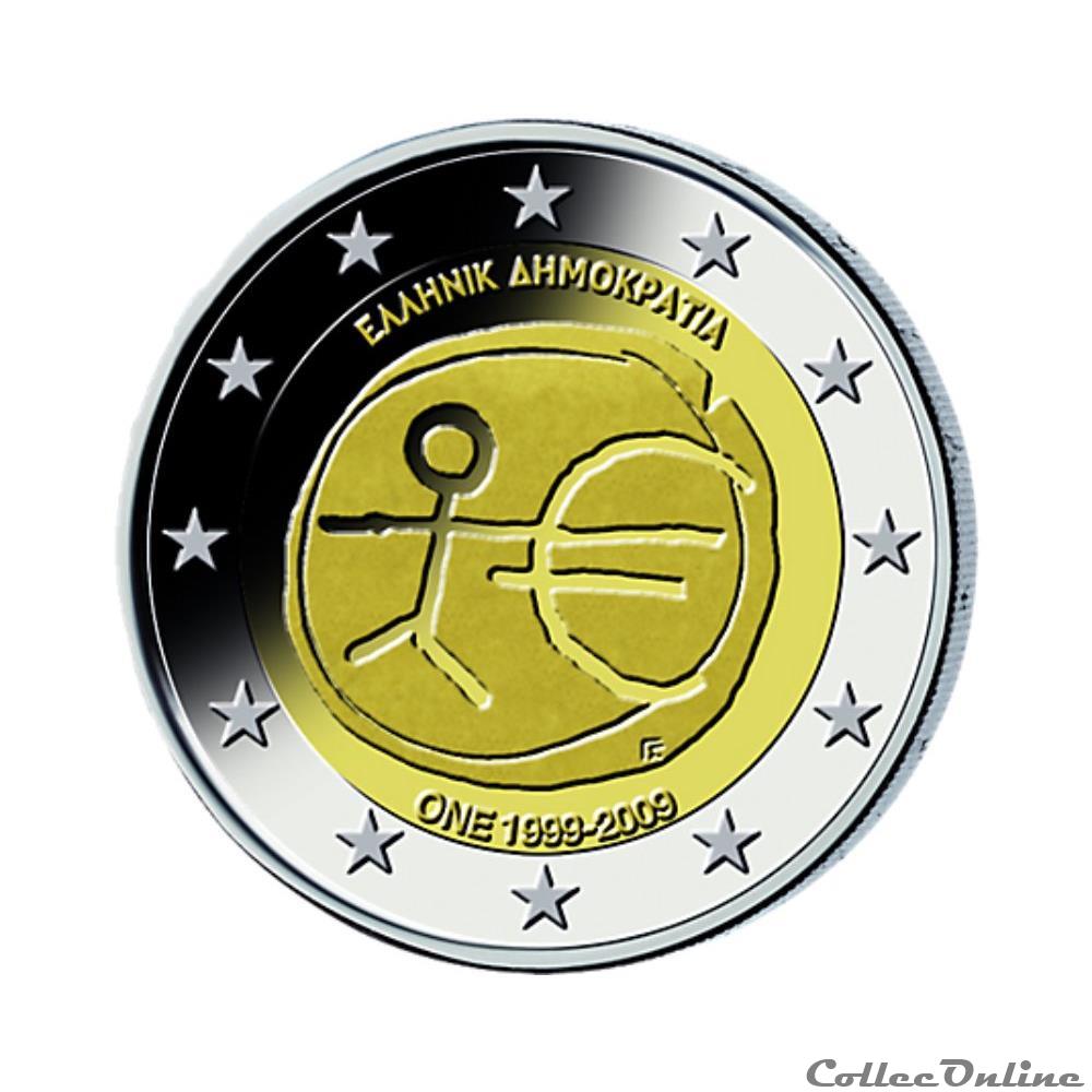 Памятные монеты евро. 2 Евро монета. Греция 2 евро, 2009 10 лет монетарной политики ЕС (Emu) и введения евро UNC. Монета 2 евро 2009. 2евростори 2 евро юбилейные.
