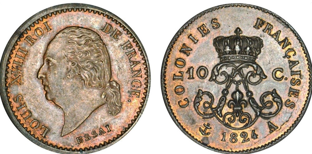 10 C. LOUIS XVIII 1824 A ESSAI 9g monnaies colonies francaises 10 c louis xviii 1824 a essai 9g