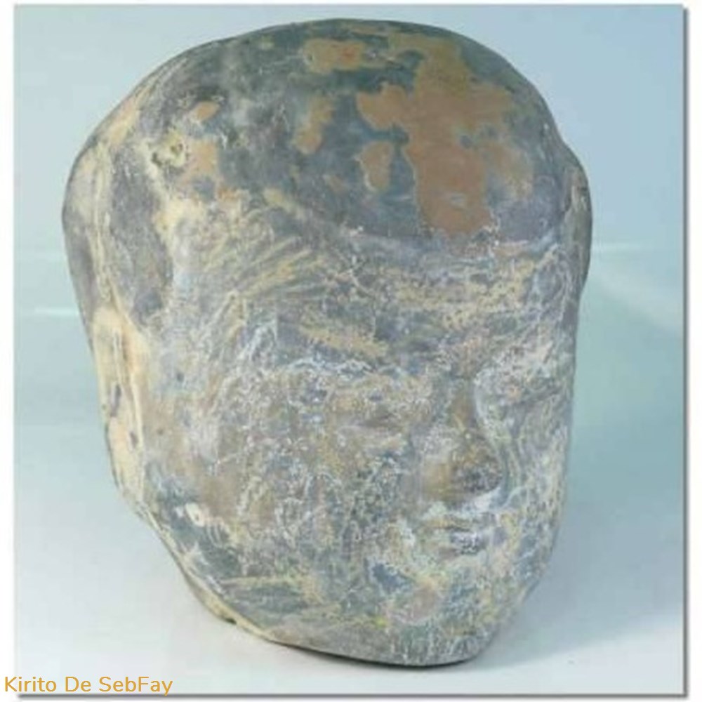 art antiquites archeologie asie grande tete homme en terre cuite de couleur grise