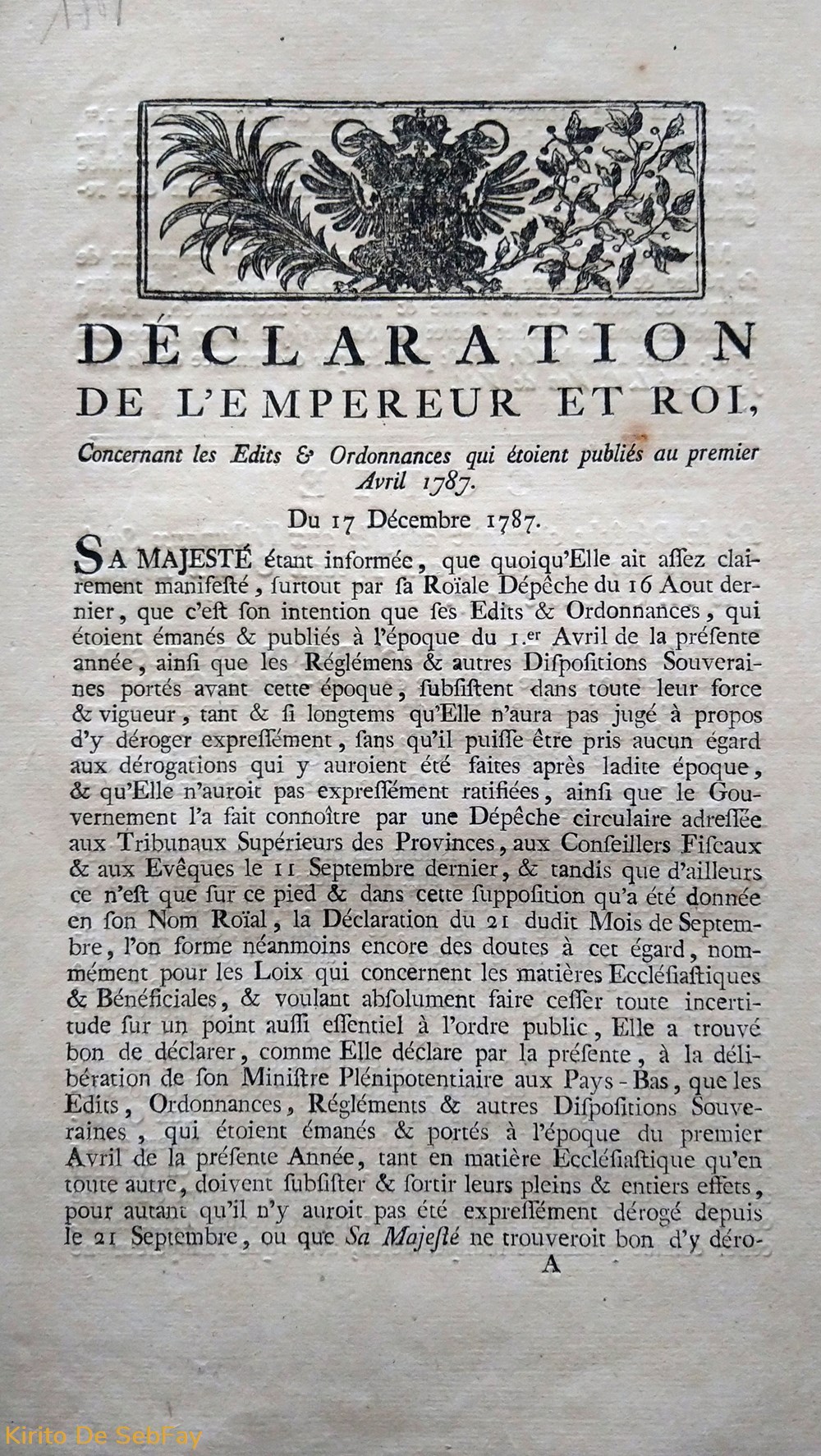 Déclaration concernant les édits et ordonnances qui étaient publiée au 1er avril 1787 documents anciens declaration concernant les edits et ordonnances qui etaient publiee au 1er avril 1787