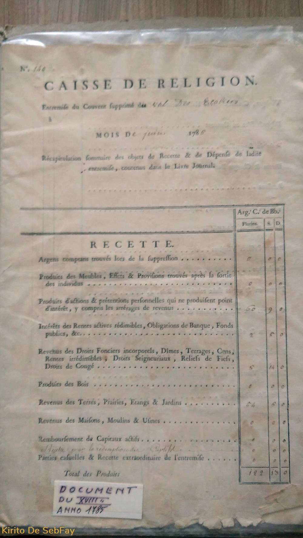 Caisse de religion - Juin 1785 documents anciens caisse de religion juin 1785