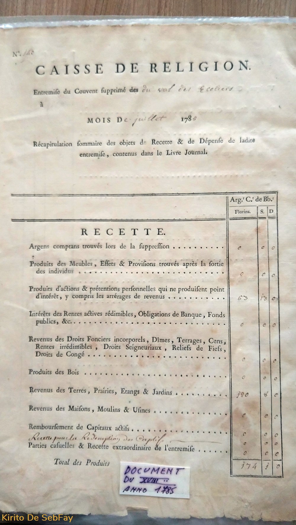 Caisse de religion - Juillet 1785 documents anciens caisse de religion juillet 1785