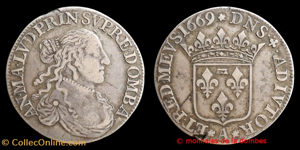 1669 - Anne Marie Louise d'Orleans (1650-1693), Demi ecu monnaies europe medievale france feodales 1669 anne marie louise orleans 1650 1693 demi ecu