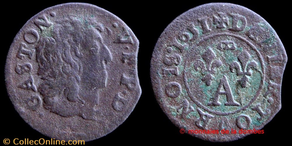 Gaston d'Orleans (1627-1650), Denier Tournois type 10 - 1651/0 monnaies france feodales gaston orleans 1627 1650 denier tournois type 10 1651 0