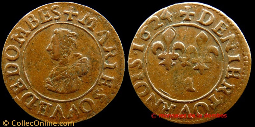 monnaies europe medievale france feodales marie de montpensier 1608 1627 denier tournois type 5 cuivre 1624